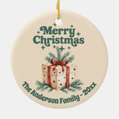 メリークリスマスベージュのラシックなギフトボックス緑 セラミックオーナメント (裏面)
