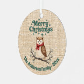 メリークリスマスベージュバーラップかわいいフクロウの緑 メタルオーナメント (正面左)