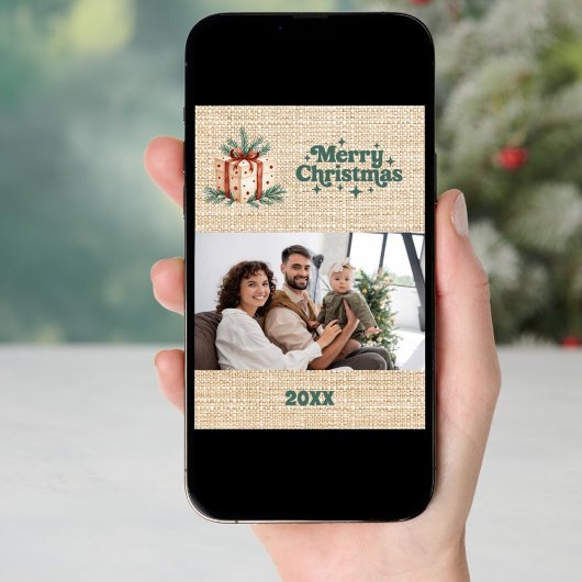 メリークリスマスベージュバーラップのレトロフォトカード シーズンカード