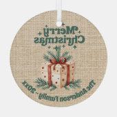 メリークリスマスベージュバーラップギフトボックス緑 ガラスオーナメント (裏面)