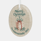 メリークリスマスベージュバーラップギフトボックス緑 ガラスオーナメント (正面左)