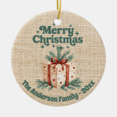 メリークリスマスベージュバーラップギフトボックス緑 セラミックオーナメント (正面)