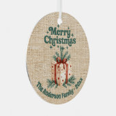 メリークリスマスベージュバーラップギフトボックス緑 メタルオーナメント (正面右)