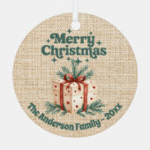 メリークリスマスベージュバーラップギフトボックス緑 メタルオーナメント (裏面)