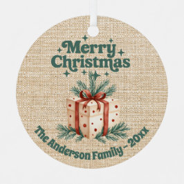 メリークリスマスベージュバーラップギフトボックス緑 メタルオーナメント
