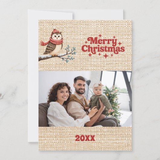 メリークリスマスベージュバーラップレトロフクロウのフォトカード シーズンカード (正面)