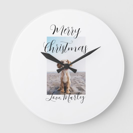 メリークリスマスペット犬の猫の写真の休日のギフト低 ラージ壁時計 (正面)