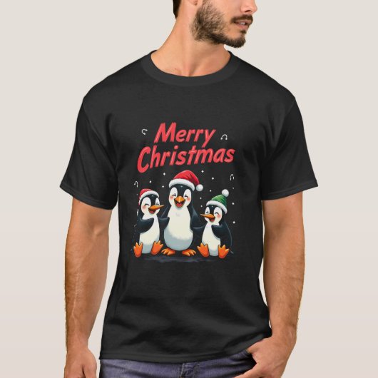 メリークリスマスペンギンサンタハットクロース動物Xma Tシャツ (正面)