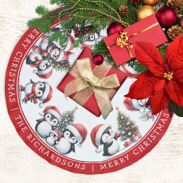 メリークリスマスペンギン家名白と赤 ブラッシュドポリエステルツリースカート