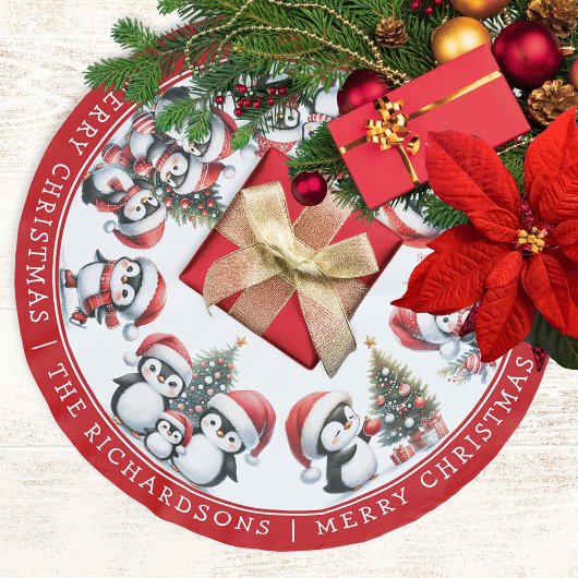 メリークリスマスペンギン家名白と赤 ブラッシュドポリエステルツリースカート