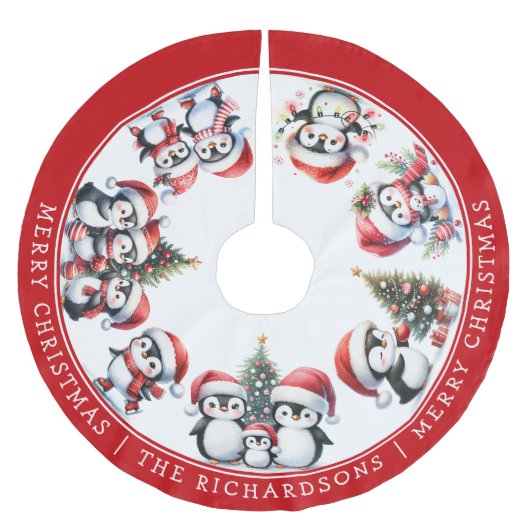 メリークリスマスペンギン家名白と赤 ブラッシュドポリエステルツリースカート (正面)