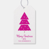 メリークリスマスホットピンクのクリスマスツリー雪 ギフトタグ (正面)