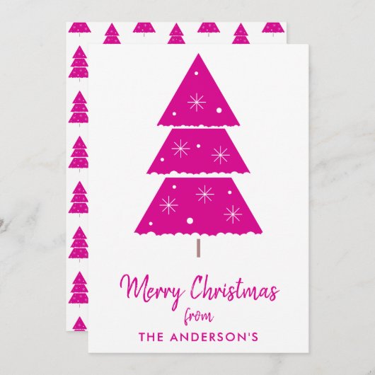 メリークリスマスホットピンクのクリスマスツリー雪 シーズンカード (正面/裏面)
