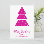 メリークリスマスホットピンクのクリスマスツリー雪 シーズンカード (スタンド正面)