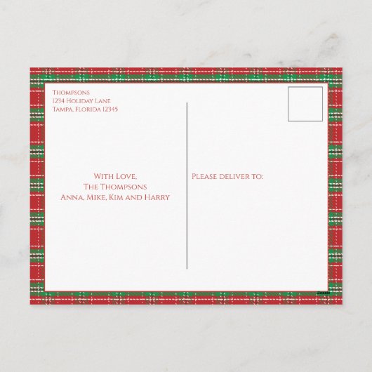メリークリスマスホリデーグリーンレッドカントリープレイド シーズンポストカード (裏面)