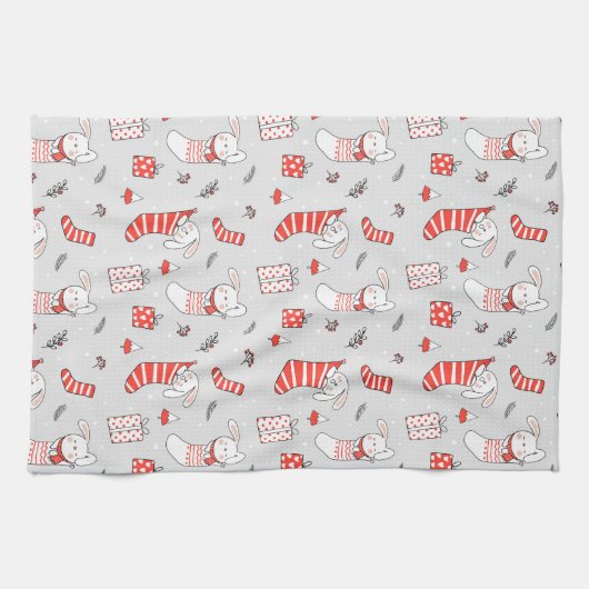 メリークリスマスホリデーストッキングネコとウサギ キッチンタオル (横)