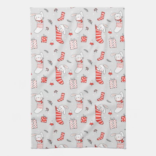 メリークリスマスホリデーストッキングネコとウサギ キッチンタオル (縦)