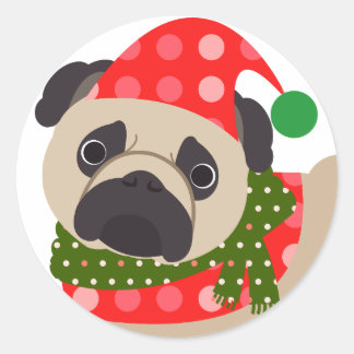 メリークリスマスホリデーパグドッグ ラウンドシール