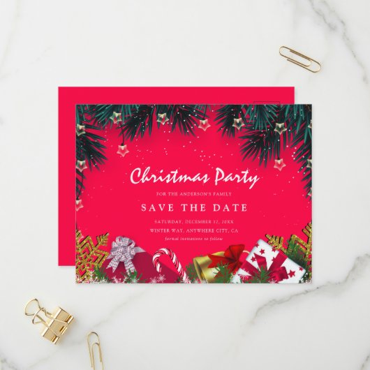 メリークリスマスホリデーパーティー日付を保存 インビテーションポストカード (正面/裏面インサイチュ)