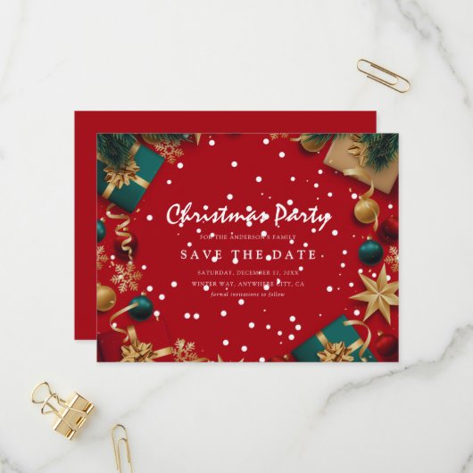 メリークリスマスホリデーパーティー日付を保存 インビテーションポストカード (正面/裏面インサイチュ)