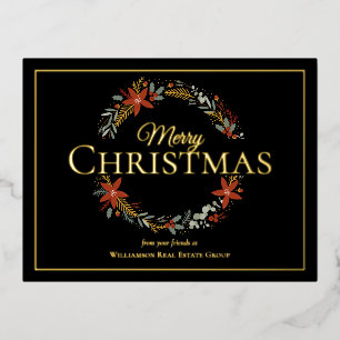 メリークリスマスホリデーポインセチアリースビジネス 箔シーズンポストカード