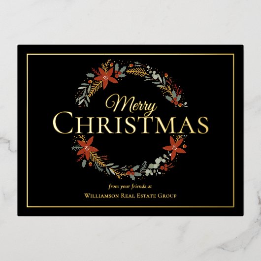 メリークリスマスホリデーポインセチアリースビジネス 箔シーズンポストカード (正面)