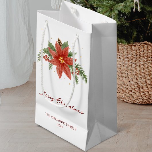 メリークリスマスホリデーレッドポインセティシアホワイト スモールペーパーバッグ