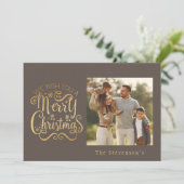 メリークリスマスホリデー金ゴールドブラウンネームスクリプト シーズンカード (スタンド正面)
