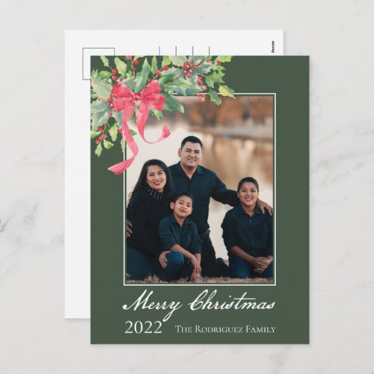 メリークリスマスホリーとベリーグリーンのフォトホール シーズンポストカード (正面/裏面)