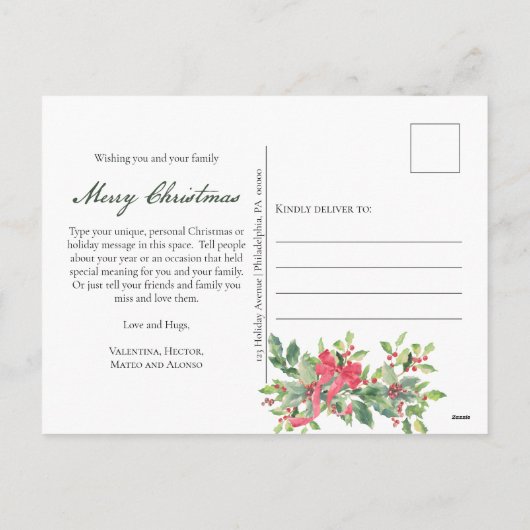 メリークリスマスホリーとベリーグリーンのフォトホール シーズンポストカード (裏面)