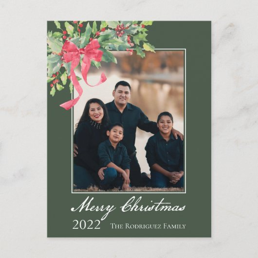メリークリスマスホリーとベリーグリーンのフォトホール シーズンポストカード (正面)