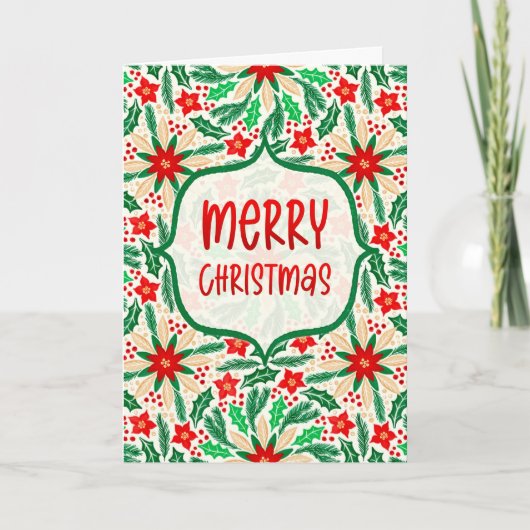 メリークリスマスホリーとポインセチア植物学 カード (正面)