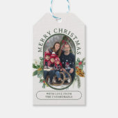 メリークリスマスホリーと松の家族の写真 ギフトタグ (正面)