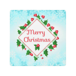 メリークリスマスホリーアンドスノーフレークレトロ メタルプリント
