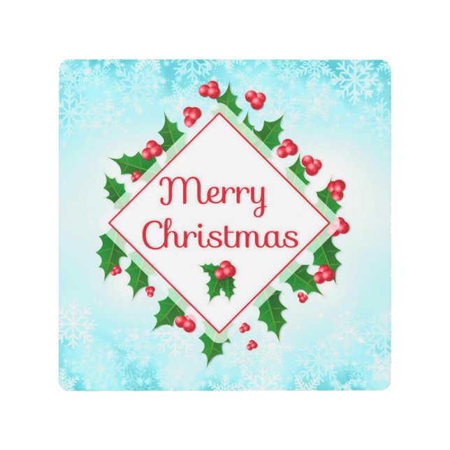 メリークリスマスホリーアンドスノーフレークレトロ メタルプリント (正面)
