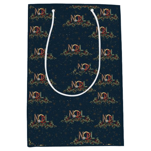 メリークリスマスホリーノールスノーフレーク金ゴールドレッドブルー ミディアムペーパーバッグ (正面)