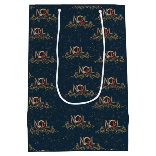 メリークリスマスホリーノールスノーフレーク金ゴールドレッドブルー ミディアムペーパーバッグ (裏面)