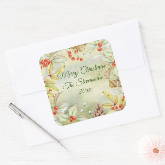 メリークリスマスホリーパーソナライズされたデートヴィンテージ スクエアシール (封筒)
