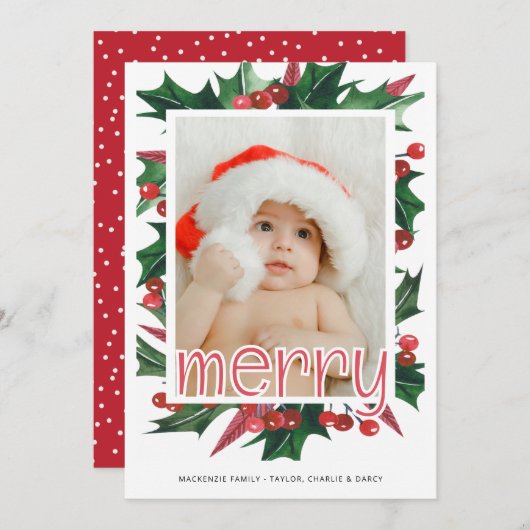 メリークリスマスホリーパーソナライズされた写真 シーズンカード (正面/裏面)