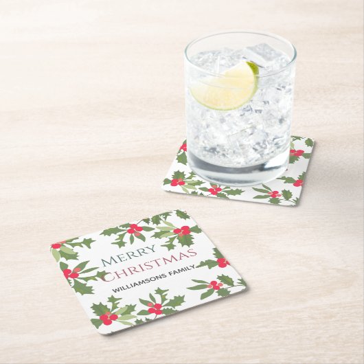 メリークリスマスホリーベリーの休日 スクエアペーパーコースター (インサイチュ)