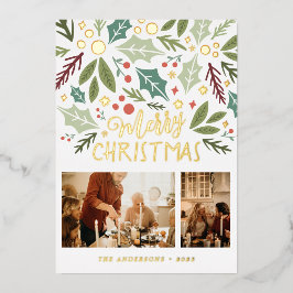 メリークリスマスホリーベリーの葉2つのフォトフォイル 箔シーズンカード
