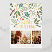 メリークリスマスホリーベリーの葉2つのフォトフォイル 箔シーズンカード (正面)