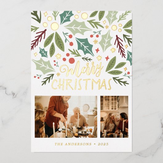 メリークリスマスホリーベリーの葉2つのフォトフォイル 箔シーズンカード (正面)
