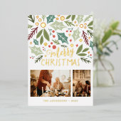 メリークリスマスホリーベリーの葉2つのフォトフォイル 箔シーズンカード (立ち正面)