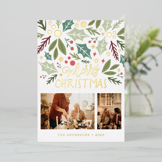 メリークリスマスホリーベリーの葉2つのフォトフォイル 箔シーズンカード (立ち正面)