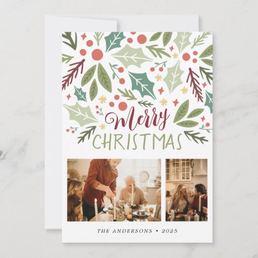 メリークリスマスホリーベリーの葉2枚の写真 シーズンカード (正面)