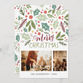 メリークリスマスホリーベリーの葉2枚の写真 シーズンカード (正面/裏面)