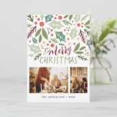 メリークリスマスホリーベリーの葉2枚の写真 シーズンカード (スタンド正面)