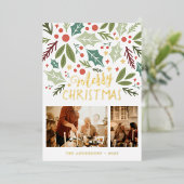 メリークリスマスホリーベリーの葉2枚の写真 箔シーズンカード (立ち正面)