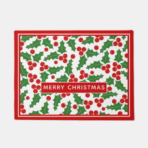 メリークリスマスホリーベリーパターン ドアマット